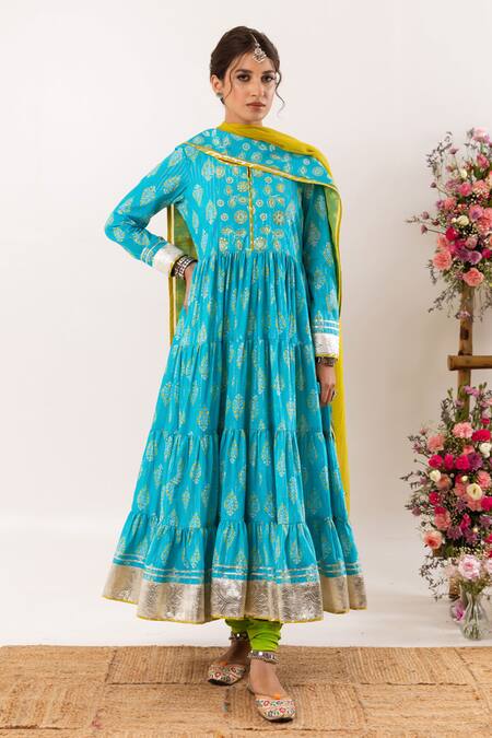 Buy_Rivaaj Clothing_Blue Cotton, Kota Doria Patti, Bloom Crest Handblock Print Anarkali Set _Online_at_Aza_Fashions