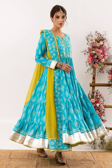 Rivaaj Clothing_Blue Cotton, Kota Doria Patti, Bloom Crest Handblock Print Anarkali Set _at_Aza_Fashions