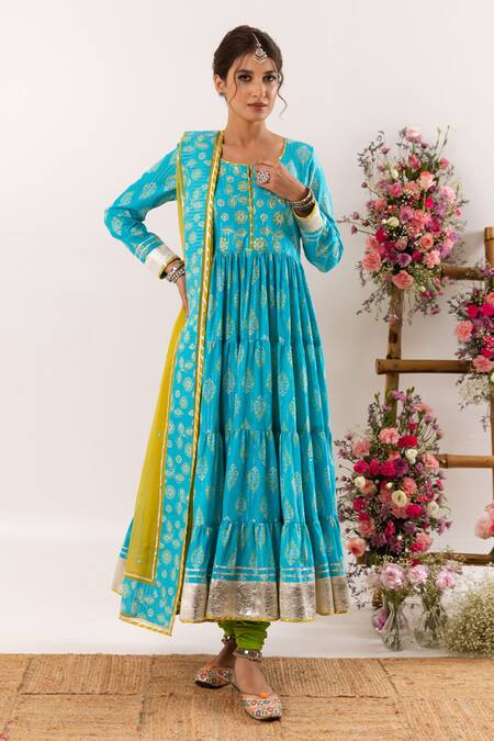 Shop_Rivaaj Clothing_Blue Cotton, Kota Doria Patti, Bloom Crest Handblock Print Anarkali Set 