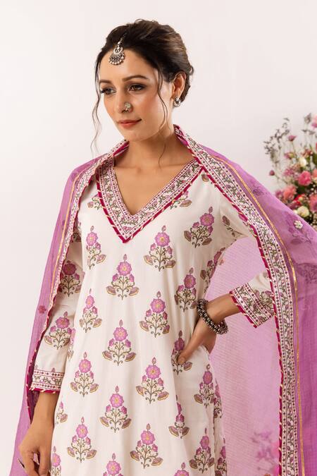 Buy_Rivaaj Clothing_White Cotton, Kota Doria Sequins, Zari, Pearls Peony Handblock Print Kurta Set _Online_at_Aza_Fashions