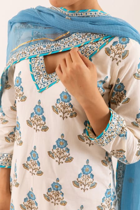 Shop_Rivaaj Clothing_Off White Cotton, Kota Doria Sequins, Zari, Iris Handblock Print Kurta Set 