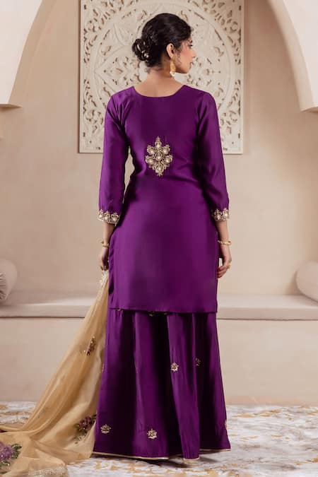 Shop Rivaaj Clothing Purple Organza, Modal Embroidery Round Neck Fleur Buti Kurta Sharara Set at Aza Fashions Shop_Rivaaj Clothing_Purple Organza, Modal Embroidery Round Neck Fleur Buti Kurta Sharara Set _at_Aza_Fashions