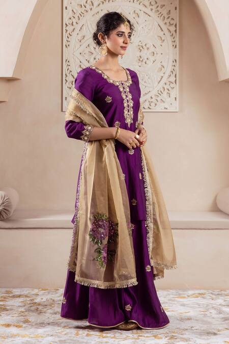 Rivaaj Clothing Purple Organza, Modal Embroidery Round Neck Fleur Buti Kurta Sharara Set Online at Aza Fashions Rivaaj Clothing_Purple Organza, Modal Embroidery Round Neck Fleur Buti Kurta Sharara Set _Online_at_Aza_Fashions