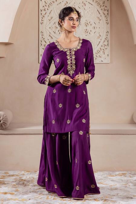 Buy Rivaaj Clothing Purple Organza, Modal Embroidery Round Neck Fleur Buti Kurta Sharara Set Online at Aza Fashions Buy_Rivaaj Clothing_Purple Organza, Modal Embroidery Round Neck Fleur Buti Kurta Sharara Set _Online_at_Aza_Fashions