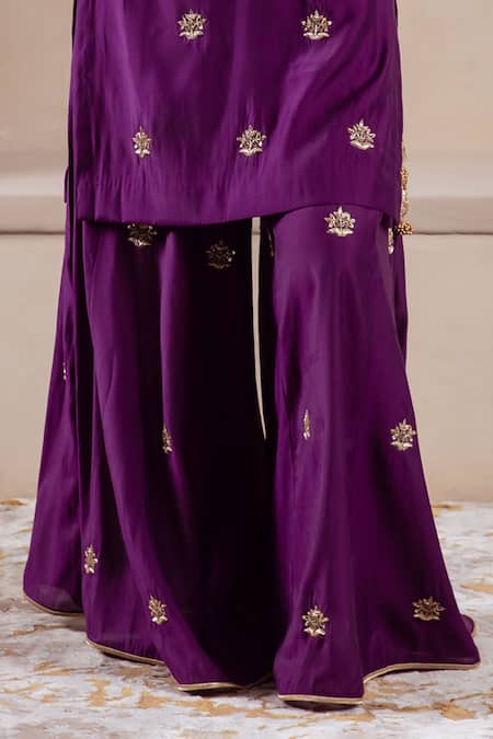 Shop Rivaaj Clothing Purple Organza, Modal Embroidery Round Neck Fleur Buti Kurta Sharara Set Online at Aza Fashions Shop_Rivaaj Clothing_Purple Organza, Modal Embroidery Round Neck Fleur Buti Kurta Sharara Set _Online_at_Aza_Fashions
