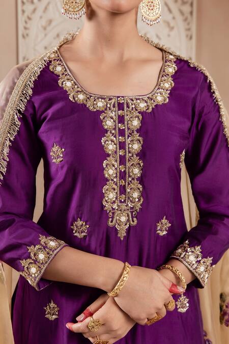 Rivaaj Clothing Purple Organza, Modal Embroidery Round Neck Fleur Buti Kurta Sharara Set at Aza Fashions Rivaaj Clothing_Purple Organza, Modal Embroidery Round Neck Fleur Buti Kurta Sharara Set _at_Aza_Fashions