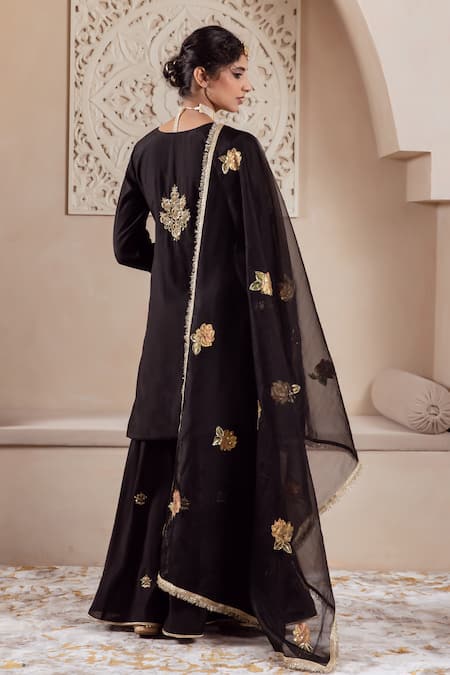 Shop Rivaaj Clothing Black Organza, Modal, Silk Embroidery Round Neck Musk Bloom Kurta Sharara Set at Aza Fashions Shop_Rivaaj Clothing_Black Organza, Modal, Silk Embroidery Round Neck Musk Bloom Kurta Sharara Set _at_Aza_Fashions