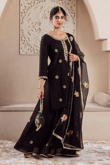 Rivaaj Clothing Black Organza, Modal, Silk Embroidery Round Neck Musk Bloom Kurta Sharara Set Online at Aza Fashions Rivaaj Clothing_Black Organza, Modal, Silk Embroidery Round Neck Musk Bloom Kurta Sharara Set _Online_at_Aza_Fashions