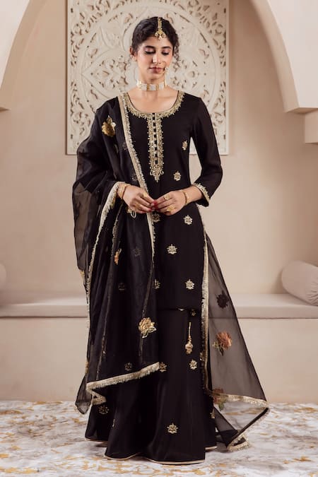 Buy Rivaaj Clothing Black Organza, Modal, Silk Embroidery Round Neck Musk Bloom Kurta Sharara Set Online at Aza Fashions Buy_Rivaaj Clothing_Black Organza, Modal, Silk Embroidery Round Neck Musk Bloom Kurta Sharara Set _Online_at_Aza_Fashions
