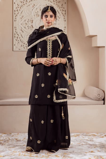 Shop Rivaaj Clothing Black Organza, Modal, Silk Embroidery Round Neck Musk Bloom Kurta Sharara Set Online at Aza Fashions Shop_Rivaaj Clothing_Black Organza, Modal, Silk Embroidery Round Neck Musk Bloom Kurta Sharara Set _Online_at_Aza_Fashions