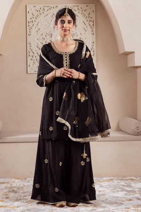Rivaaj Clothing Black Organza, Modal, Silk Embroidery Round Neck Musk Bloom Kurta Sharara Set at Aza Fashions Rivaaj Clothing_Black Organza, Modal, Silk Embroidery Round Neck Musk Bloom Kurta Sharara Set _at_Aza_Fashions