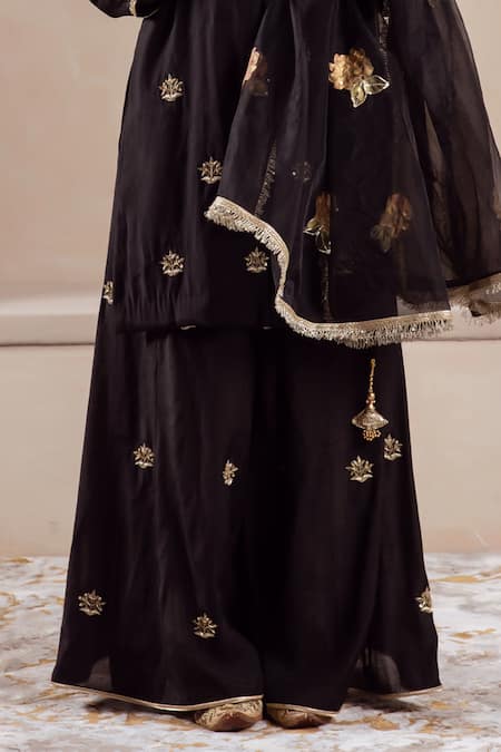 Buy Rivaaj Clothing Black Organza, Modal, Silk Embroidery Round Neck Musk Bloom Kurta Sharara Set Buy_Rivaaj Clothing_Black Organza, Modal, Silk Embroidery Round Neck Musk Bloom Kurta Sharara Set