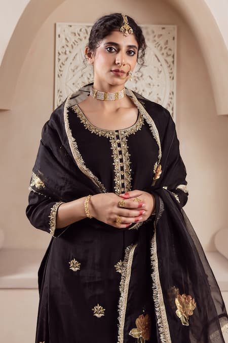Shop Rivaaj Clothing Black Organza, Modal, Silk Embroidery Round Neck Musk Bloom Kurta Sharara Set Shop_Rivaaj Clothing_Black Organza, Modal, Silk Embroidery Round Neck Musk Bloom Kurta Sharara Set