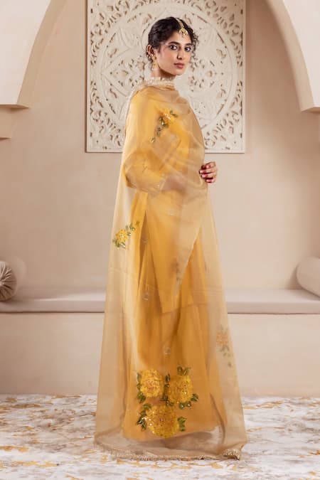 Rivaaj Clothing_Yellow Organza, Modal Embroidery Round Neck Musk Blossom Kurta Sharara Set _Online_at_Aza_Fashions