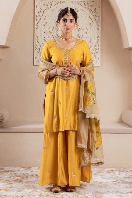 Buy_Rivaaj Clothing_Yellow Organza, Modal Embroidery Round Neck Musk Blossom Kurta Sharara Set _Online_at_Aza_Fashions