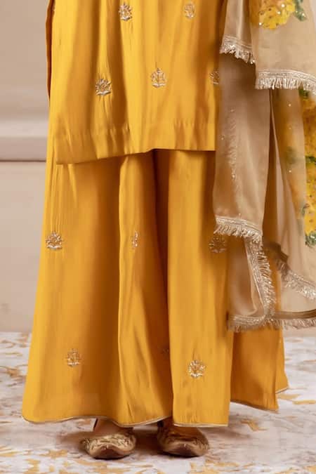 Shop Rivaaj Clothing Yellow Organza, Modal Embroidery Round Neck Musk Blossom Kurta Sharara Set Online at Aza Fashions Shop_Rivaaj Clothing_Yellow Organza, Modal Embroidery Round Neck Musk Blossom Kurta Sharara Set _Online_at_Aza_Fashions