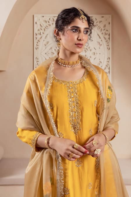 Rivaaj Clothing_Yellow Organza, Modal Embroidery Round Neck Musk Blossom Kurta Sharara Set _at_Aza_Fashions