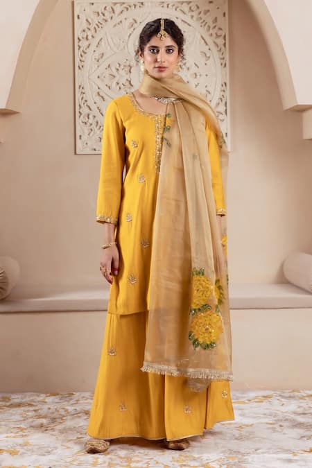 Buy_Rivaaj Clothing_Yellow Organza, Modal Embroidery Round Neck Musk Blossom Kurta Sharara Set 