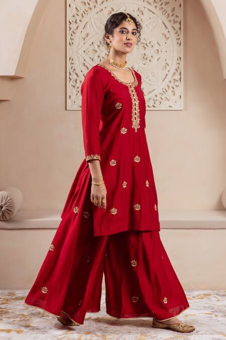 Rivaaj Clothing Maroon Organza, Modal Embroidery Round Neck Floret Motif Kurta Set Online at Aza Fashions Rivaaj Clothing_Maroon Organza, Modal Embroidery Round Neck Floret Motif Kurta Set _Online_at_Aza_Fashions