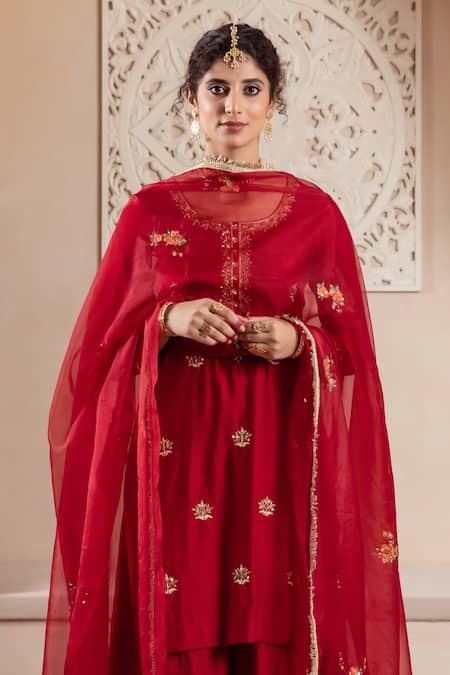 Buy Rivaaj Clothing Maroon Organza, Modal Embroidery Round Neck Floret Motif Kurta Set Online at Aza Fashions Buy_Rivaaj Clothing_Maroon Organza, Modal Embroidery Round Neck Floret Motif Kurta Set _Online_at_Aza_Fashions