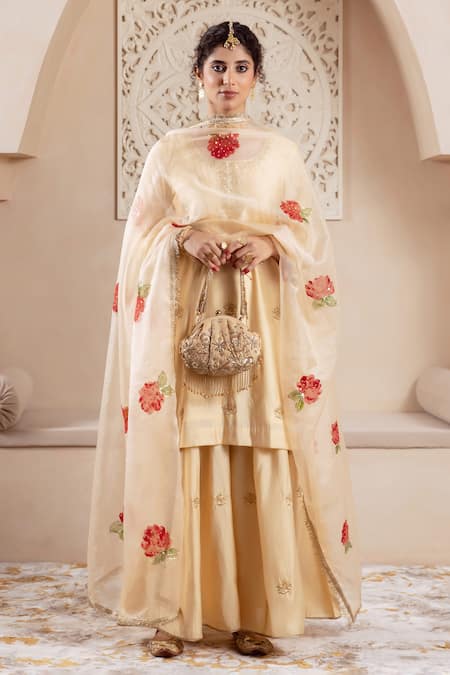 Rivaaj Clothing_Gold Organza, Modal, Silk Embroidery Round Floral Motif Buti Kurta Sharara Set _Online_at_Aza_Fashions