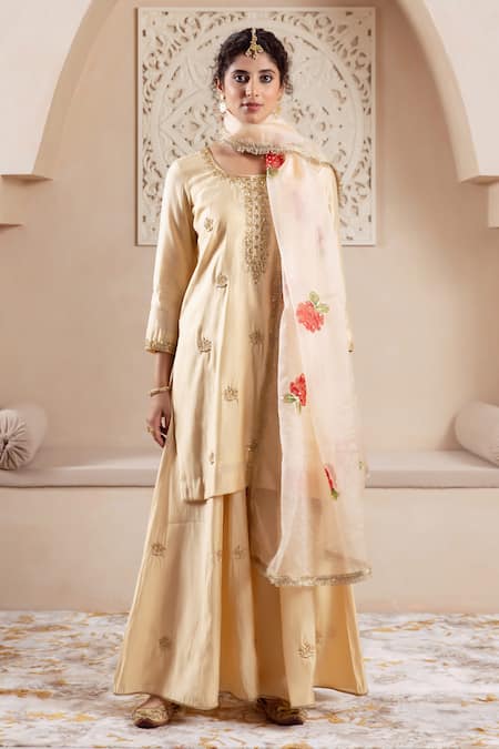 Buy_Rivaaj Clothing_Gold Organza, Modal, Silk Embroidery Round Floral Motif Buti Kurta Sharara Set _Online_at_Aza_Fashions