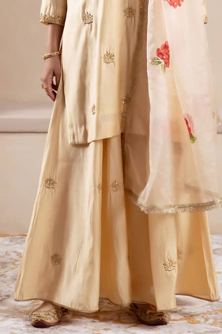 Shop_Rivaaj Clothing_Gold Organza, Modal, Silk Embroidery Round Floral Motif Buti Kurta Sharara Set _Online_at_Aza_Fashions
