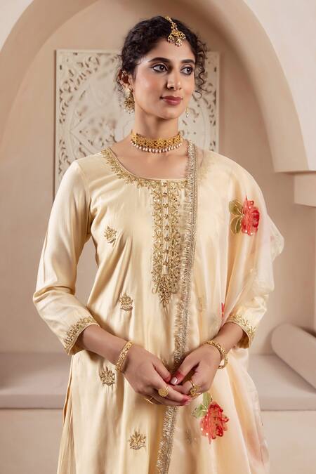 Rivaaj Clothing_Gold Organza, Modal, Silk Embroidery Round Floral Motif Buti Kurta Sharara Set _at_Aza_Fashions