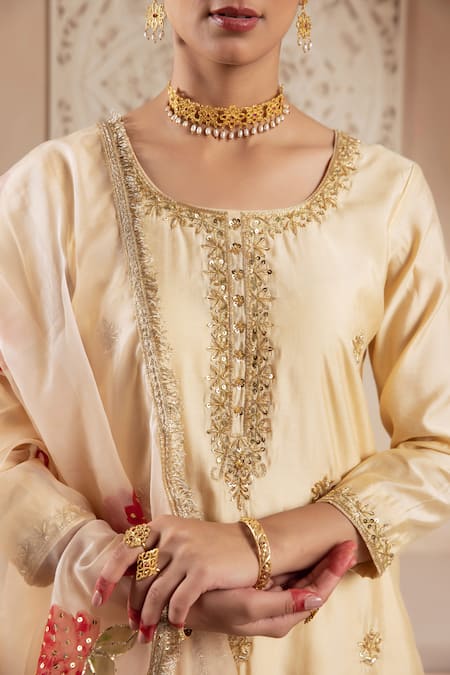 Buy_Rivaaj Clothing_Gold Organza, Modal, Silk Embroidery Round Floral Motif Buti Kurta Sharara Set 