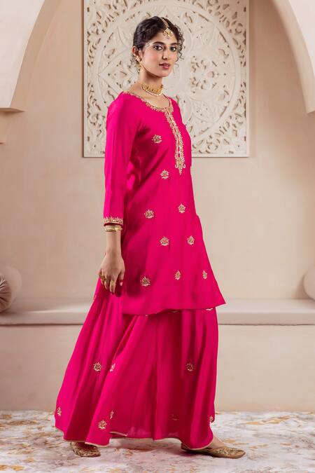 Rivaaj Clothing_Pink Organza, Modal, Silk Embroidery Round Neck Bullian Bloom Kurta Sharara Set _Online_at_Aza_Fashions