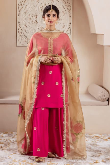 Buy_Rivaaj Clothing_Pink Organza, Modal, Silk Embroidery Round Neck Bullian Bloom Kurta Sharara Set _Online_at_Aza_Fashions