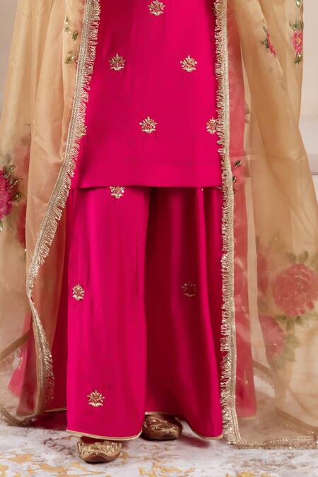 Shop_Rivaaj Clothing_Pink Organza, Modal, Silk Embroidery Round Neck Bullian Bloom Kurta Sharara Set _Online_at_Aza_Fashions