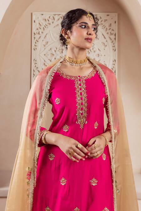 Rivaaj Clothing_Pink Organza, Modal, Silk Embroidery Round Neck Bullian Bloom Kurta Sharara Set _at_Aza_Fashions