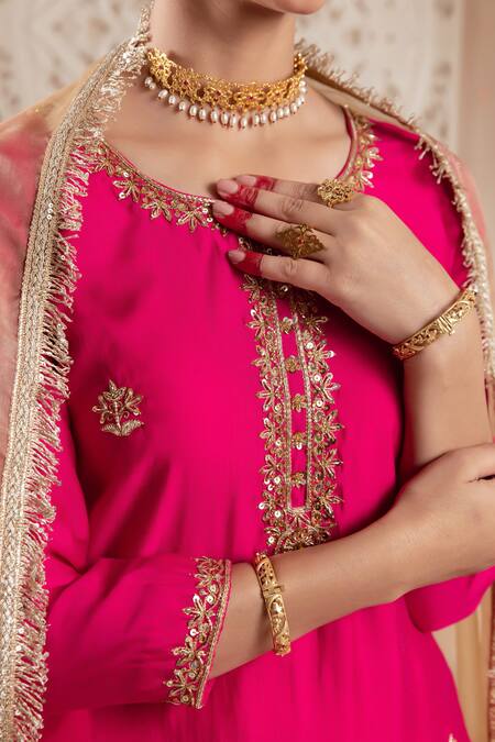 Buy_Rivaaj Clothing_Pink Organza, Modal, Silk Embroidery Round Neck Bullian Bloom Kurta Sharara Set 