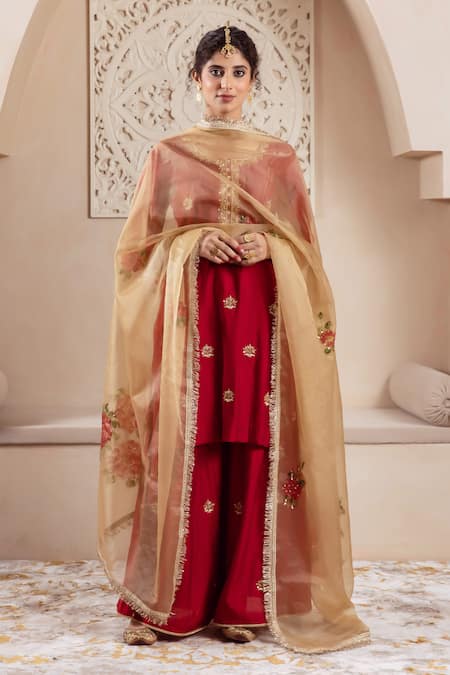 Shop Rivaaj Clothing Maroon Organza, Modal Embroidery Round Neck Bullian Blossom Kurta Sharara Set at Aza Fashions Shop_Rivaaj Clothing_Maroon Organza, Modal Embroidery Round Neck Bullian Blossom Kurta Sharara Set _at_Aza_Fashions