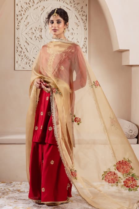 Rivaaj Clothing Maroon Organza, Modal Embroidery Round Neck Bullian Blossom Kurta Sharara Set Online at Aza Fashions Rivaaj Clothing_Maroon Organza, Modal Embroidery Round Neck Bullian Blossom Kurta Sharara Set _Online_at_Aza_Fashions