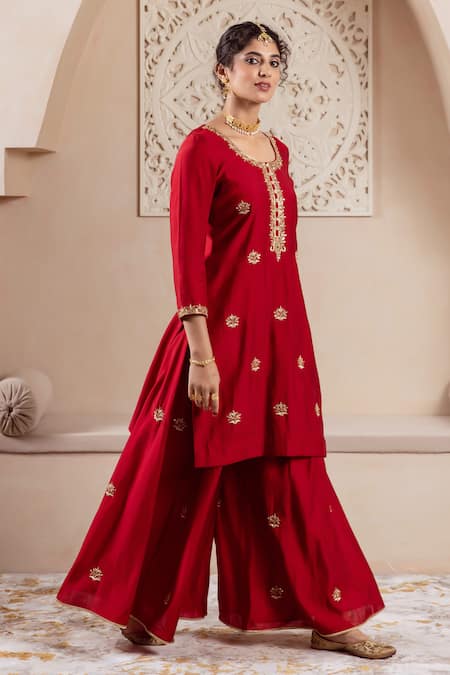 Buy Rivaaj Clothing Maroon Organza, Modal Embroidery Round Neck Bullian Blossom Kurta Sharara Set Online at Aza Fashions Buy_Rivaaj Clothing_Maroon Organza, Modal Embroidery Round Neck Bullian Blossom Kurta Sharara Set _Online_at_Aza_Fashions