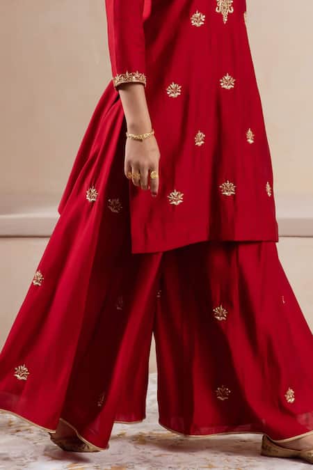Shop Rivaaj Clothing Maroon Organza, Modal Embroidery Round Neck Bullian Blossom Kurta Sharara Set Online at Aza Fashions Shop_Rivaaj Clothing_Maroon Organza, Modal Embroidery Round Neck Bullian Blossom Kurta Sharara Set _Online_at_Aza_Fashions