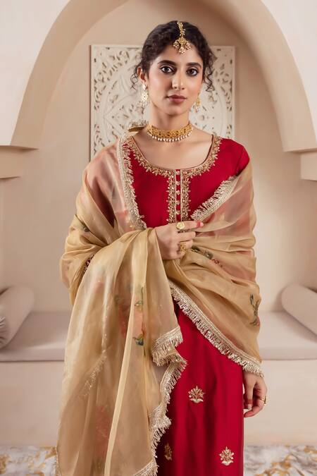 Rivaaj Clothing Maroon Organza, Modal Embroidery Round Neck Bullian Blossom Kurta Sharara Set at Aza Fashions Rivaaj Clothing_Maroon Organza, Modal Embroidery Round Neck Bullian Blossom Kurta Sharara Set _at_Aza_Fashions