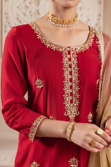 Buy Rivaaj Clothing Maroon Organza, Modal Embroidery Round Neck Bullian Blossom Kurta Sharara Set Buy_Rivaaj Clothing_Maroon Organza, Modal Embroidery Round Neck Bullian Blossom Kurta Sharara Set