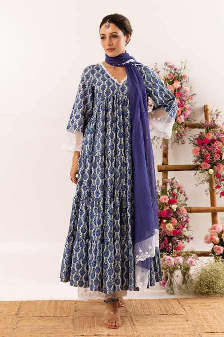 Rivaaj Clothing Tulip Handblock Print Tiered Anarkali Set 