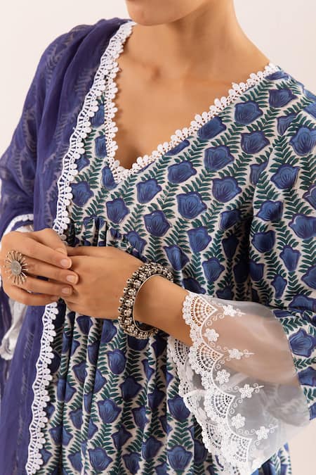 Rivaaj Clothing_Blue Cotton, Kota Doria Lace V-neck Tulip Handblock Print Anarkali Set _Online_at_Aza_Fashions