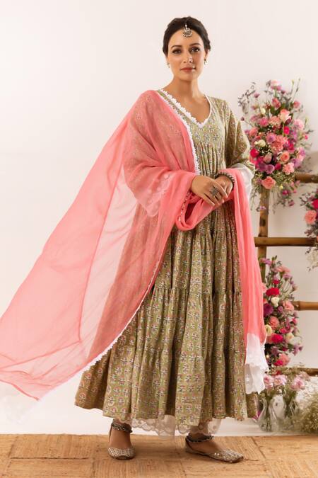 Rivaaj Clothing_Green Cotton, Kota Doria Lace V-neck Tribal Bloom Handblock Print Anarkali Set _Online_at_Aza_Fashions