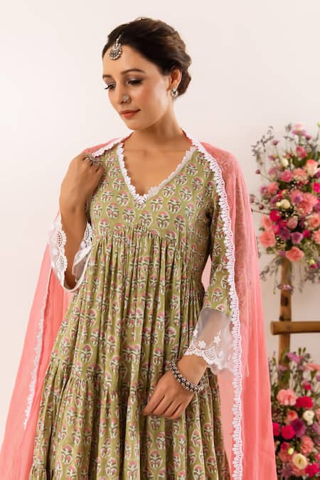 Buy_Rivaaj Clothing_Green Cotton, Kota Doria Lace V-neck Tribal Bloom Handblock Print Anarkali Set _Online_at_Aza_Fashions