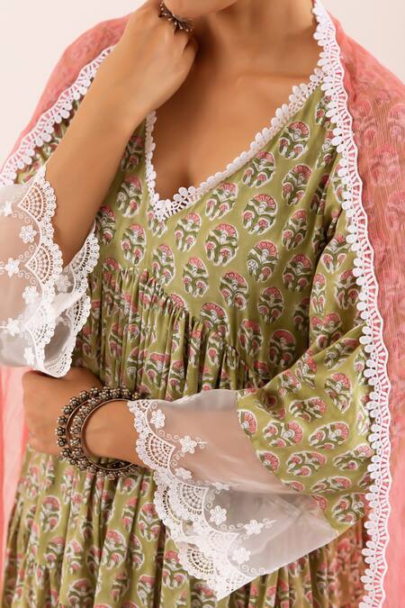 Shop_Rivaaj Clothing_Green Cotton, Kota Doria Lace V-neck Tribal Bloom Handblock Print Anarkali Set _Online_at_Aza_Fashions