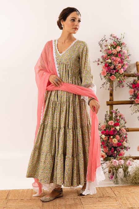 Rivaaj Clothing_Green Cotton, Kota Doria Lace V-neck Tribal Bloom Handblock Print Anarkali Set _at_Aza_Fashions