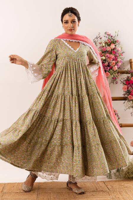 Buy_Rivaaj Clothing_Green Cotton, Kota Doria Lace V-neck Tribal Bloom Handblock Print Anarkali Set 