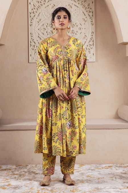 Rivaaj Clothing Yellow Velvet Lace, Sequins, Embroidery V-neck Floral Print Anarkali And Pant Set Online at Aza Fashions Rivaaj Clothing_Yellow Velvet Lace, Sequins, Embroidery V-neck Floral Print Anarkali And Pant Set _Online_at_Aza_Fashions