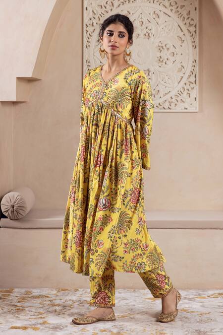 Buy Rivaaj Clothing Yellow Velvet Lace, Sequins, Embroidery V-neck Floral Print Anarkali And Pant Set Online at Aza Fashions Buy_Rivaaj Clothing_Yellow Velvet Lace, Sequins, Embroidery V-neck Floral Print Anarkali And Pant Set _Online_at_Aza_Fashions