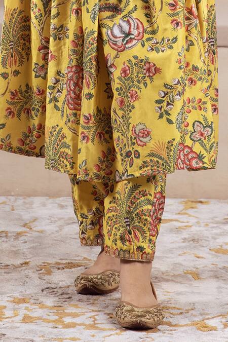 Shop Rivaaj Clothing Yellow Velvet Lace, Sequins, Embroidery V-neck Floral Print Anarkali And Pant Set Online at Aza Fashions Shop_Rivaaj Clothing_Yellow Velvet Lace, Sequins, Embroidery V-neck Floral Print Anarkali And Pant Set _Online_at_Aza_Fashions